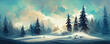 Leinwandbild Motiv Winter day in forest with christmas trees and snow as illustration