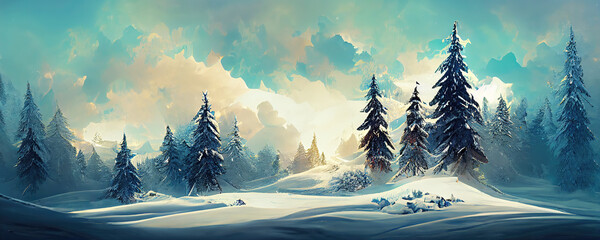 winter day in forest with christmas trees and snow as illustration