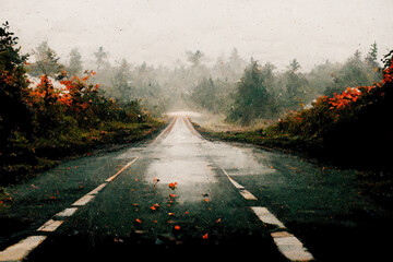 Wall Mural - Lonely asphalt road in nature with trees in fall colors