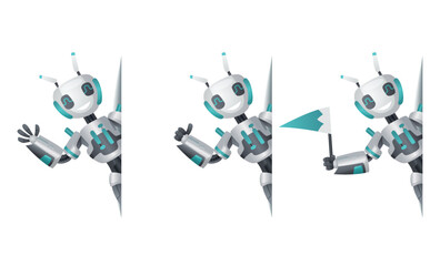 Aufkleber - Robots look out corner. Robotic information banners mockup interface design. Cyborg characters for presentation, online help technology