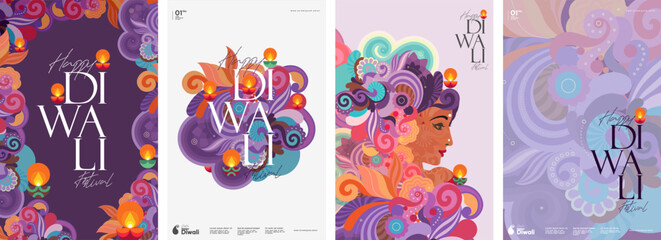 Wall Mural - Happy Diwali. Indian festival of lights. Vector Indian ornaments and patterns. Girl's face.