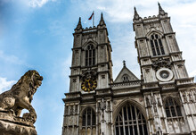 Westminster Abbey West Exterior Fa�ade With Lion Statue In London