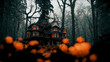 Big Black Spooky Scary House in the Middle of the Mystical Forest Art Illustration. Halloween Horror Movie Cinematic Background. CG Digital Painting AI Neural Network Computer Generated Art Wallpaper