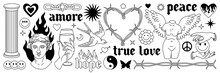 Tattoo Art 1990s, 2000s. Y2k Stickers. Butterfly, Barbed Wire, Fire, Flame, Chain, Heart And Other Elements In Trendy Psychedelic Style. Vector Hand Drawn Tattoo Print. Black And White Colors.