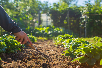 Farmer cultivating land in the garden with hand tools. Soil loosening. Gardening concept. Agricultural work on the plantation