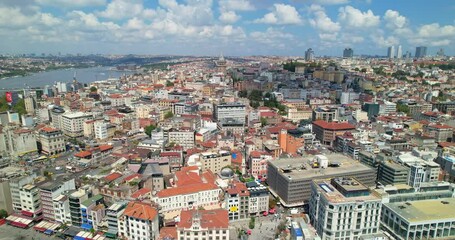 Wall Mural - Istanbul, Turkey aerial view. The drone flies over the streets of Istanbul, Galata Tower on the horizon. The European district.