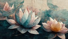 Spring Flower, Lotus Close-up On A Watercolor Background. Luxury Wallpaper Design With Lotus Flowers.