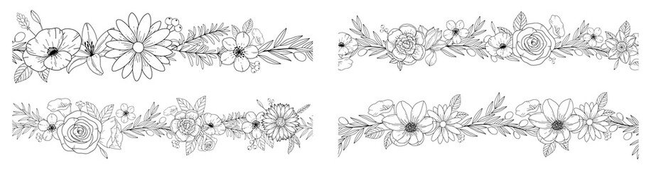 Set abstract elegant line art flower and leaf borders seamless pattern. Continuous boho line art silhouette of floral artwork
