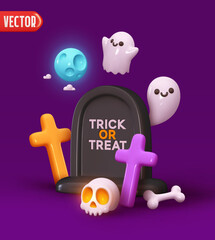 Wall Mural - Happy Halloween Festive bright design. Halloween white ghost cute smile face, tombstones with cross and skull bones realistic 3d cartoon style. Holiday Hallows' Eve or Saints' Eve. vector illustration