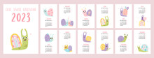 Yearly Calendar 2023 Template With Cute Decorative Snails On White Background. Vertical Set Of 12 Pages And Cover In English. Vector. Week From Monday. Stationery, Desk And Wall Flip Calendar.