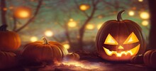 Happy Halloween Background, Scary Pumpkin In Forest Night Bokeh Backdrop.