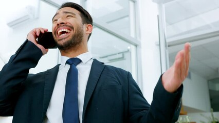 Poster - Phone, communication and networking with a business man talking on a call and laughing in his office at work. Smile, happy and positive male employee in funny conversation on a mobile with a laugh