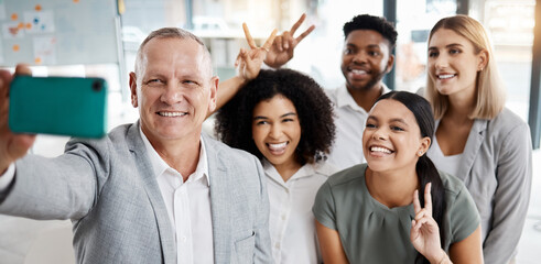 Happy, corporate people take selfie, team building. Diverse group, business men and women, smartphone photography. Creative, friendly and fun activity, unity and respect in business workplace.