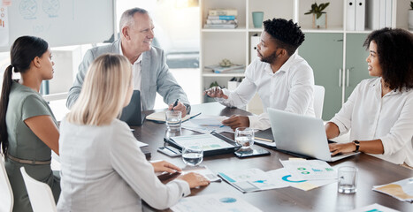 Wall Mural - Collaboration, project management and business meeting with employees in consulting, marketing and strategy teamwork. Conference, boardroom and planning with business people in corporate company