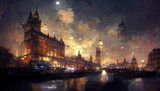 Fototapeta Londyn - London night landscape, illustration painting
