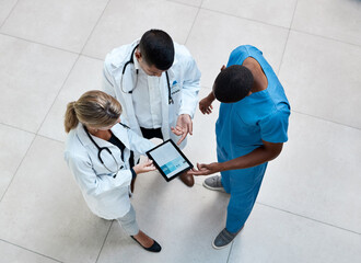 Aufkleber - Doctor, nurse and healthcare team with a tablet working with digital medical data in a hospital. Technology, tech and internet information of health and wellness clinic workers planning a surgery