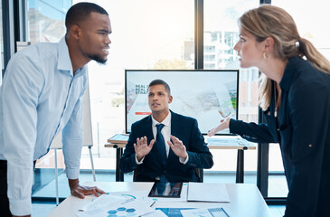 Poster - Business fight, team argument and angry lawyer dispute of corporate lawyers fighting in a meeting. Stress, anger and frustrated working colleagues over a client contract or opposite strategy opinion