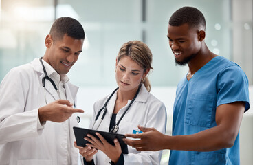 Poster - Medical, doctor and nurse team with a tablet working on medicine and hospital data. Collaboration of health and wellness staff healthcare workers with diversity looking at healthy web test results