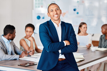 Poster - Leadership, success and teamwork, a businessman in a meeting in an office boardroom, with a smile. Diversity, collaboration and working together, proud team leader with support for staff and partners