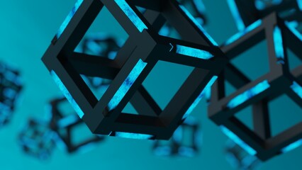 Blue illuminated black cubes under black-green background. Block chain network technology concept illustration. 3D illustration. 3D CG. 3D high quality rendering. 