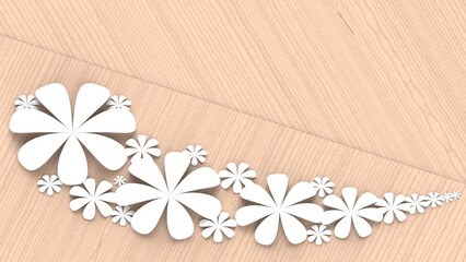 Fototapete - Woody plates background with white paper flowers. Concept image of happy Invitation and reception sign. 3D high quality rendering. 3D illustration. High resolution.