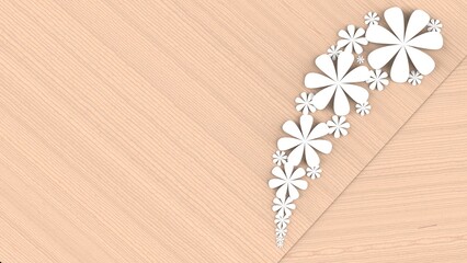 Fototapete - Woody plates background with white paper flowers. Concept image of happy Invitation and reception sign. 3D high quality rendering. 3D illustration. High resolution.