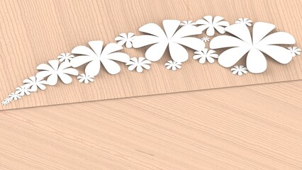 Fototapete - Woody plates background with white paper flowers. Concept image of happy Invitation and reception sign. 3D high quality rendering. 3D illustration. High resolution.
