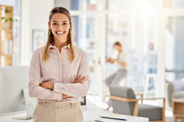 Aufkleber - Happy, business leader and woman with a smile in success with crossed arms in a light office. Portrait of a professional and confident white female employee in leadership and management at a company