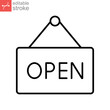 © Suncheli - welcome open store icon. Open the door tag for market notice. store opening advertising. Hanging information onboard,  line style Editable stroke Vector illustration design on white background EPS 10