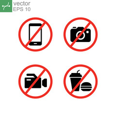 Wall Mural - prohibition no camera, no mobile phone, no video recording, no food and drink signboard icon. flat style. Prohibited Stop fast food warning sign. vector illustration design on white background. EPS 10