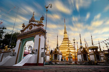 The Golden Pagoda At Wat Phra Borommathat Temple, Tak Province, Thailand.
