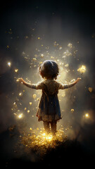 Cute little girl with spread arms in magic golden fantasy world, 3d cinematic illustration 9:16