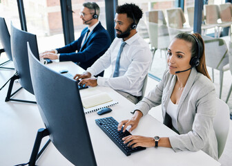 Poster - Diversity, call center and customer support team or people with telemarketing, contact us and consulting worker working. Consultant, communication and happy insurance service employee with headset.