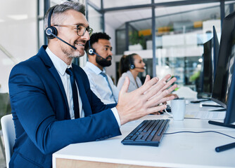 Poster - Call center, customer support and contact us for our telemarketing consulting agents can help with loan advice. Consultant, communication and happy insurance service employee in a suit with a headset