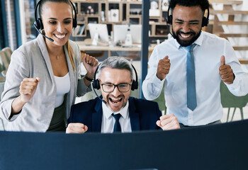 Poster - Call center, customer support and celebration with a team of service people saying yes, wow and giving thumbs up. Crm, thank you or contact us with a winner consultant group working in telemarketing