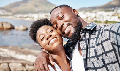 Wall Mural - Black couple, selfie and smile for happy beach fun, carefree and relaxing sunny day outdoors. Portrait of love, summer and african people with photos on holiday, romance getaway and honeymoon date