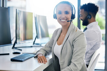 Wall Mural - Call agent, woman and portrait smile at desk in customer service consulting company office. Happy, professional and positive girl worker in telemarketing career satisfied with career choice.