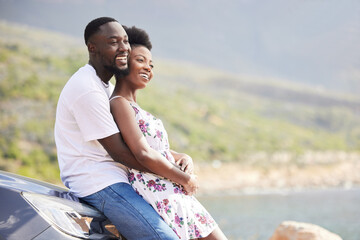 Canvas Print - Couple, love and road trip with a young man and woman on a drive during their holiday, vacation or honeymoon. Relax, freedom and view with a happy male and female together outside during summer