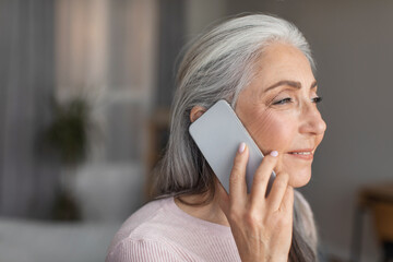 smiling caucasian mature gray-haired lady talking by phone in room interior, profile, close up