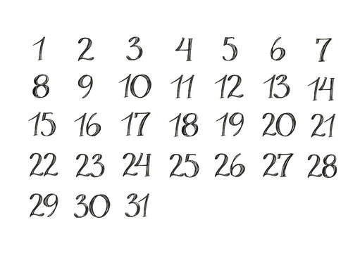 Hand-drawn calendar isolated on white background. Lettering number 1 2 3 4 5 6. Drawing black marker. Calligraphy art for writing card, notebook. Doodle clipart for planners