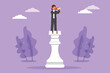 Graphic flat design drawing businesswoman on top of big rook chess piece using telescope looking for success, goals opportunities, future trends. Business metaphor. Cartoon style vector illustration