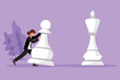 Graphic flat design drawing competitive businesswoman push huge pawn chess piece. Business strategy, goals target, marketing plan. Strategic move in business concept. Cartoon style vector illustration