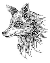 Fox Head In Abstract Ornament. Drawn Wild Animal With Beautiful Patterns In Form Of Leaves, Lines And Waves. Design Element For Tattoo, Coloring Book Or Logo. Cartoon Hand Drawn Vector Illustration