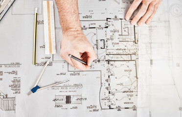 Poster - Interior design drawing illustration of building floor plan render, architecture technical blueprint and creative house project. Hands of designer sketch construction of home apartment room