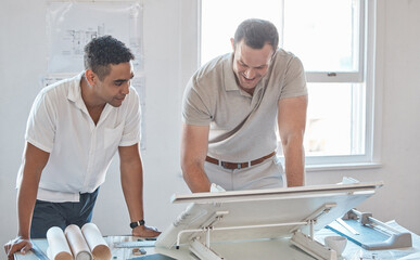 Poster - Architecture, project management and building planning in design studio workshop with engineer business people. Architect, collaboration and designer working on construction site blueprint