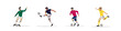 Conjunto de jugadores de fútbol de la Copa Mundial de diferentes equipos pateando el balón. Personas con ropa deportiva. Campeonato mundial de fútbol