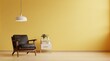 Living room has a dark leather armchair on empty yellow wall background.