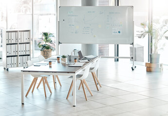 Poster - Boardroom, meeting or empty conference room with whiteboard, chairs and table interior of modern creative office space. Marketing data and charts for a business presentation, discussion of briefing