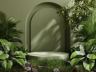 Wall Mural - Green pedestal in tropical forest for product presentation and green wall.