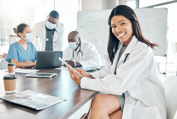 Poster - Healthcare, diversity and black woman doctor with tablet at meeting with team of doctors. Success, communication and collaboration, proud female medical worker and leader in the field of medicine.